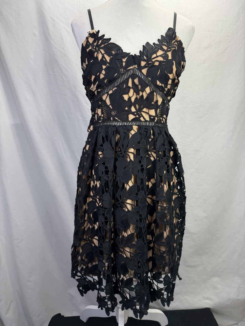 Romeo Juliet Couture Black Crochet Lace Black Midi Dress Adjustable Strap Sz M